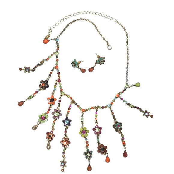 VCLM Women Vintage Enamel Floral Fringe Necklace Earrings Set Boho Festival Art - Picture 1 of 9